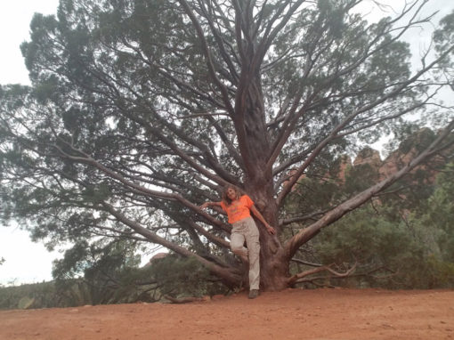 Margareth in an orange top near a tree